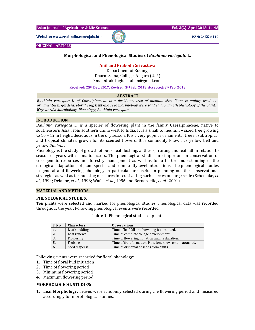 Morphological and Phenological Studies of Bauhinia Variegata L