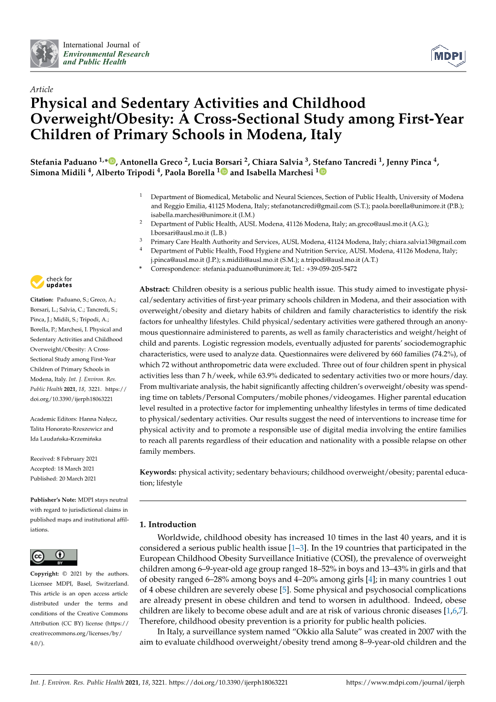 Physical and Sedentary Activities and Childhood Overweight/Obesity: a Cross-Sectional Study Among First-Year Children of Primary Schools in Modena, Italy