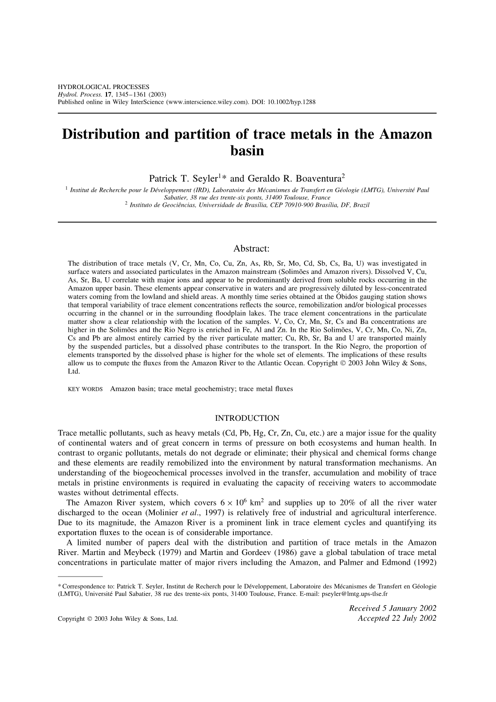 Distribution and Partition of Trace Metals in the Amazon Basin