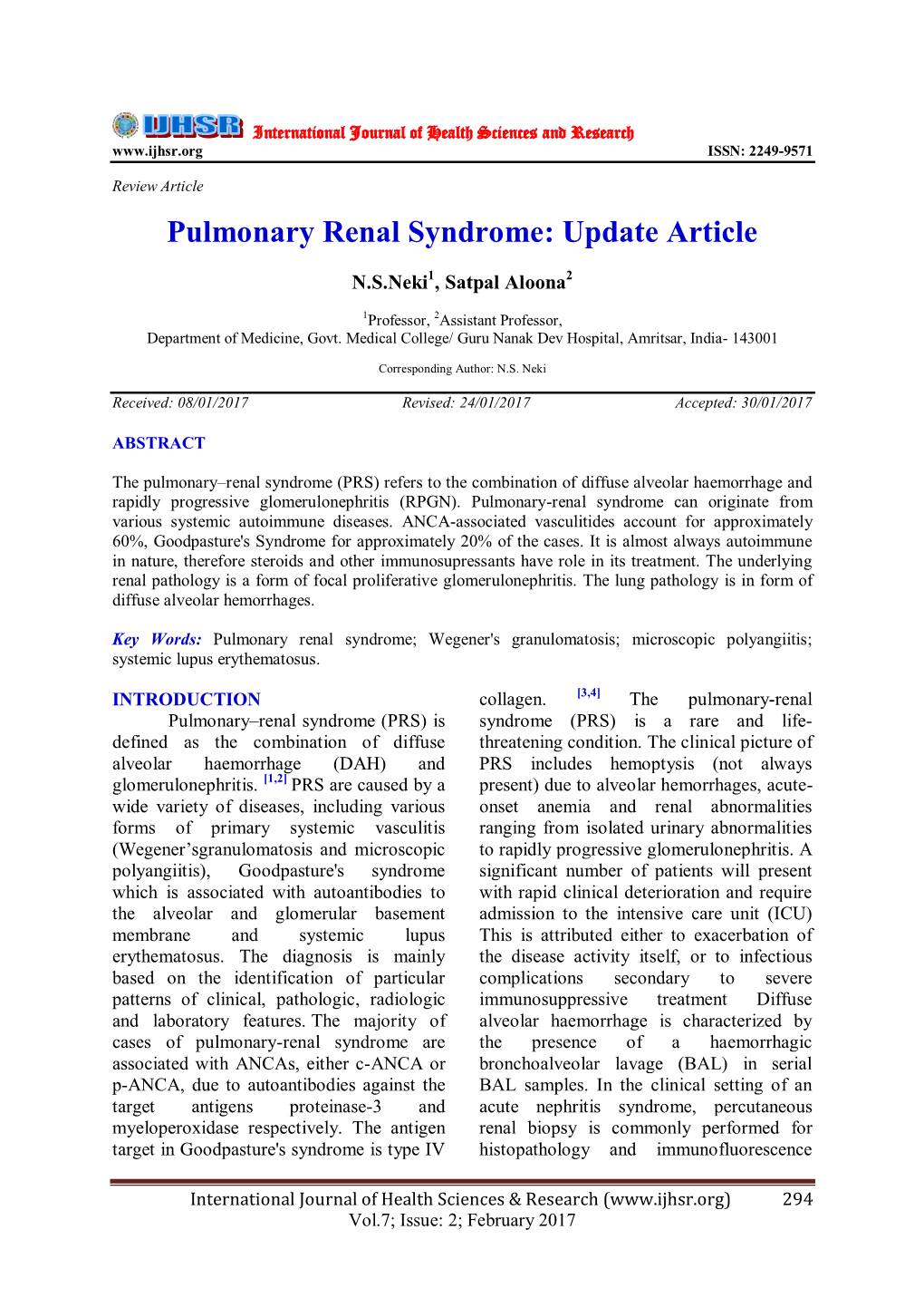 Pulmonary Renal Syndrome: Update Article