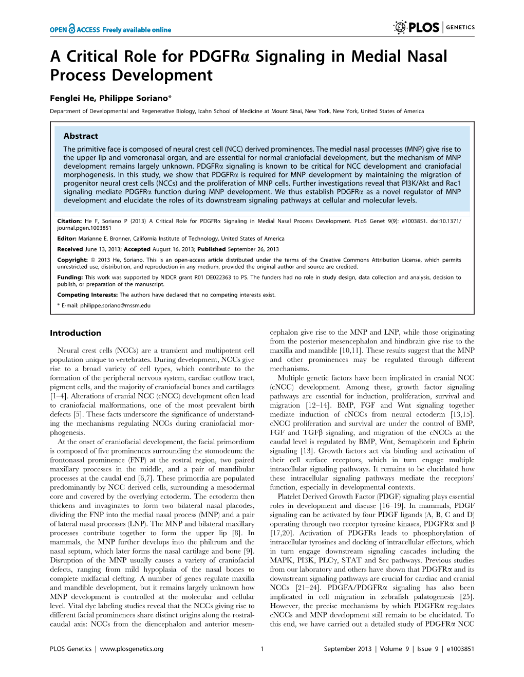 A Critical Role for Pdgfra Signaling in Medial Nasal Process Development