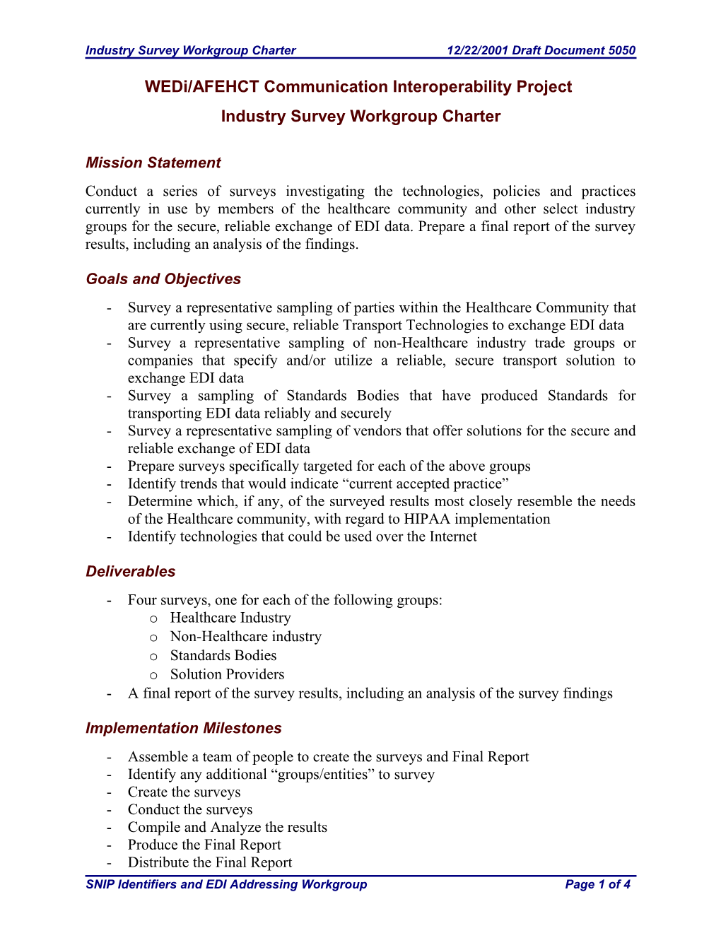 Industry Survey Workgroup Charter 12/22/2001 Draft Document 5050