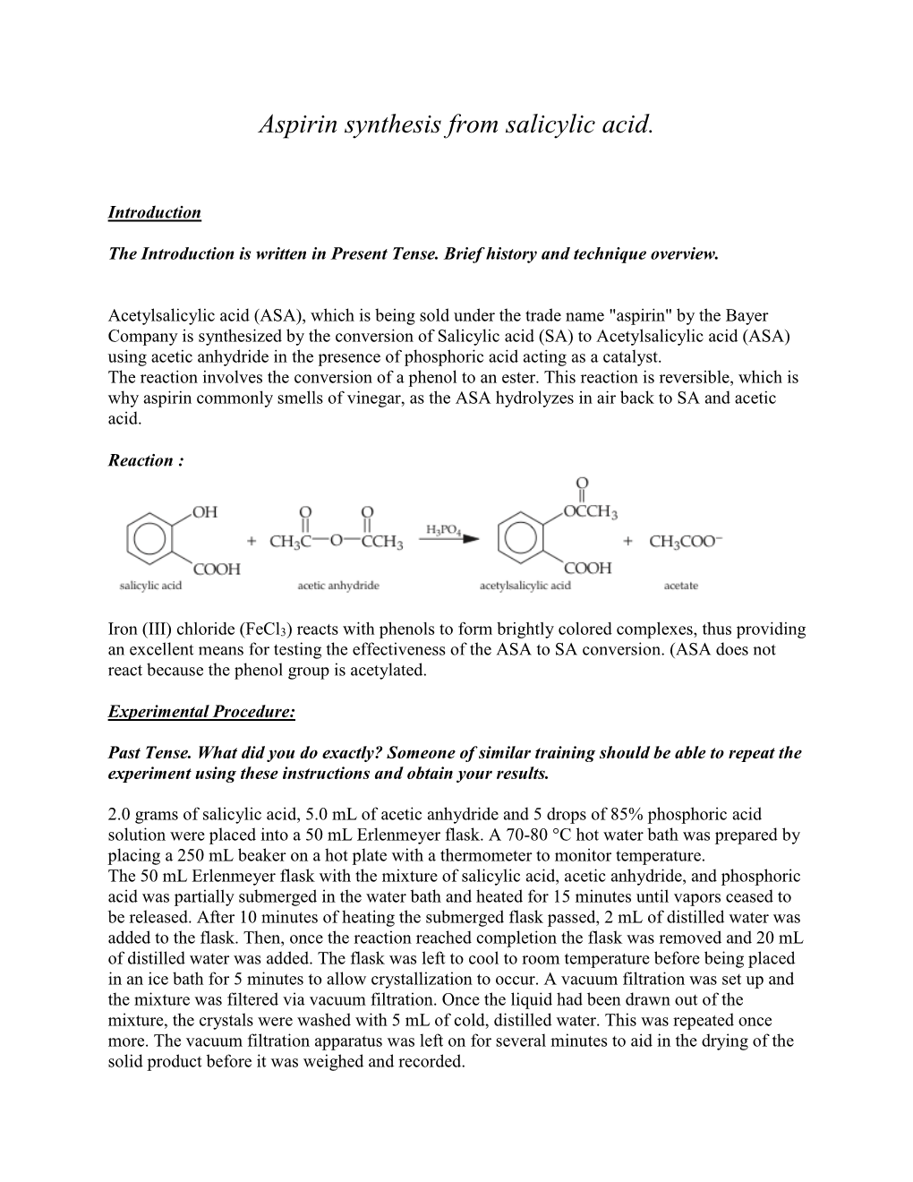 Aspirin Synthesis from Salicylic Acid