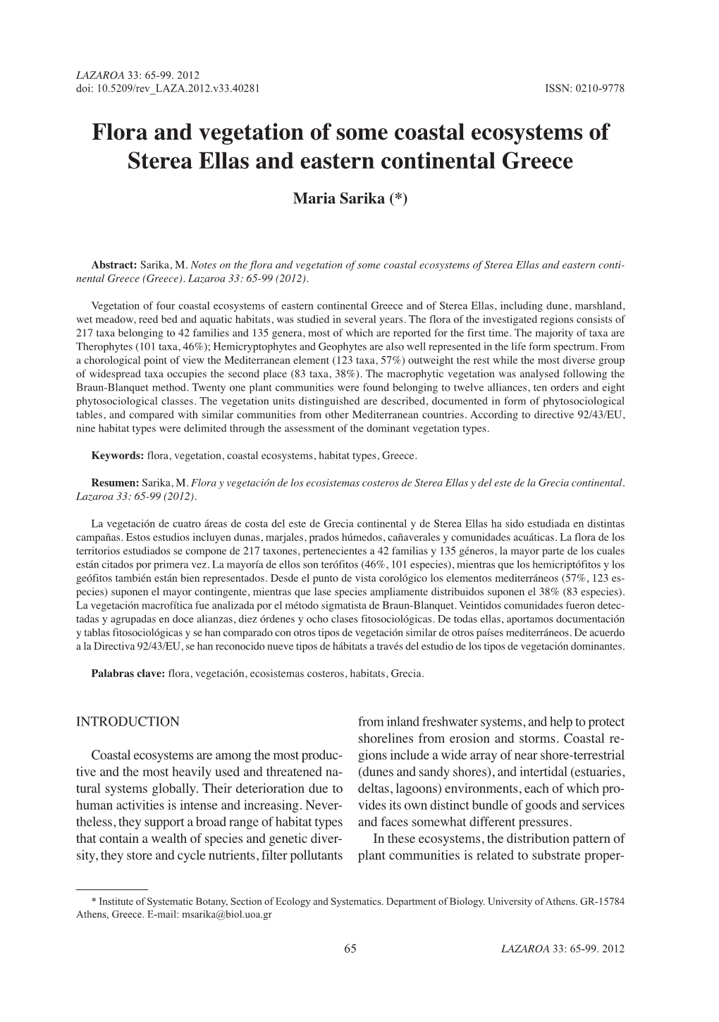 Flora and Vegetation of Some Coastal Ecosystems of Sterea Ellas and Eastern Continental Greece