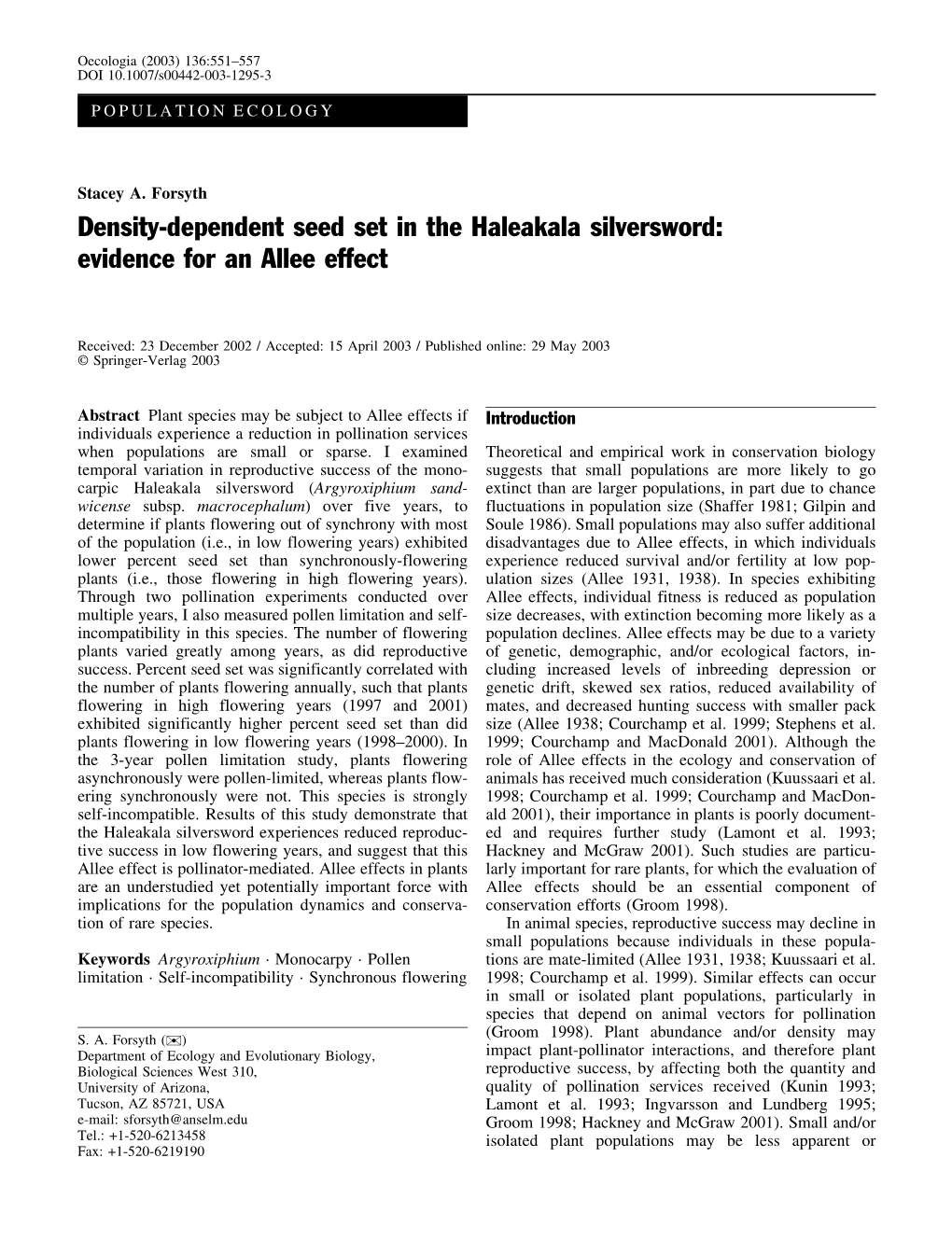 Density-Dependent Seed Set in the Haleakala Silversword: Evidence for an Allee Effect