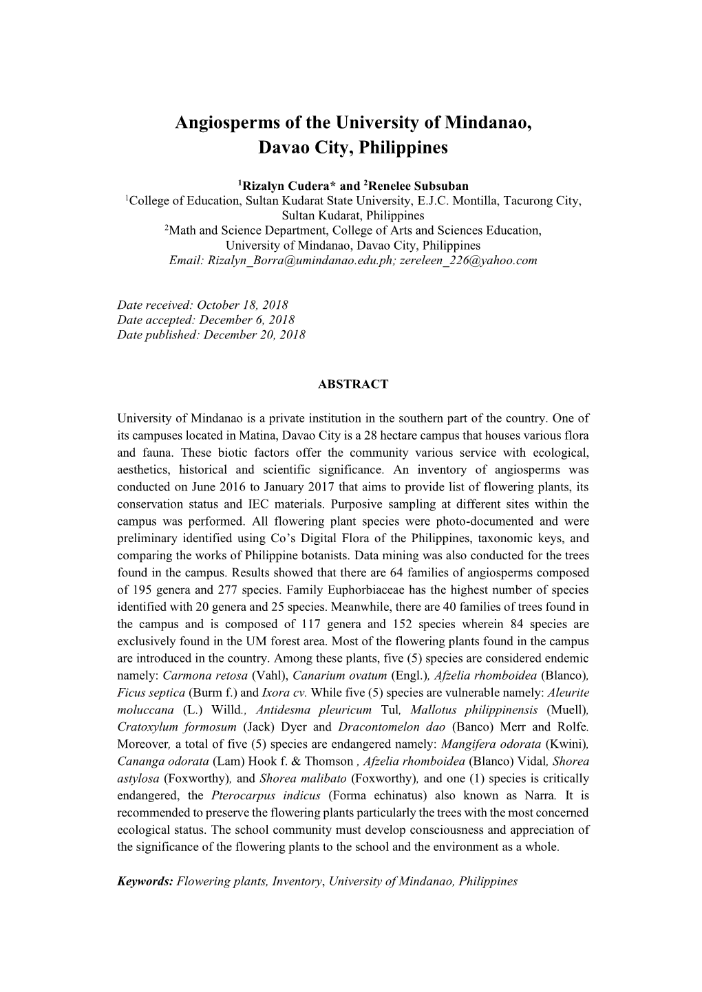 Angiosperms of the University of Mindanao, Davao City, Philippines