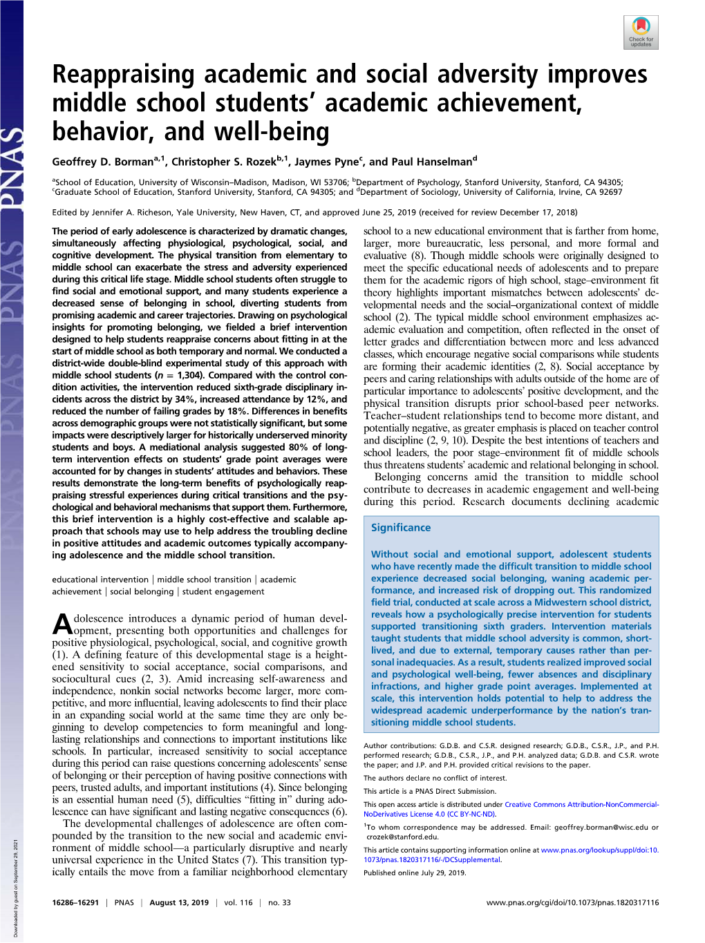 Reappraising Academic and Social Adversity Improves Middle School Students' Academic Achievement, Behavior, and Well-Being