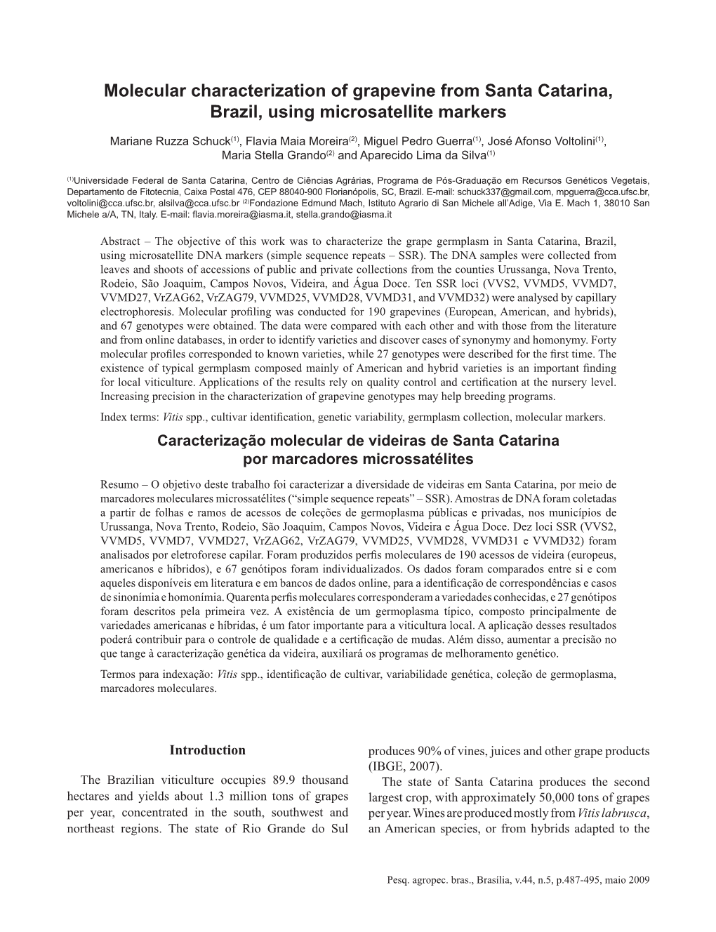 Molecular Characterization of Grapevine from Santa Catarina, Brazil, Using Microsatellite Markers