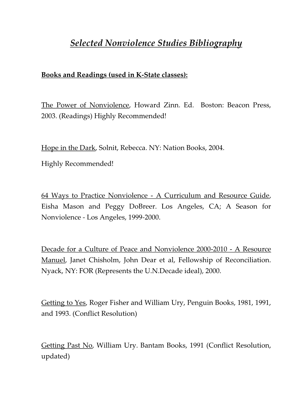 Selected Nonviolence Studies Bibliography