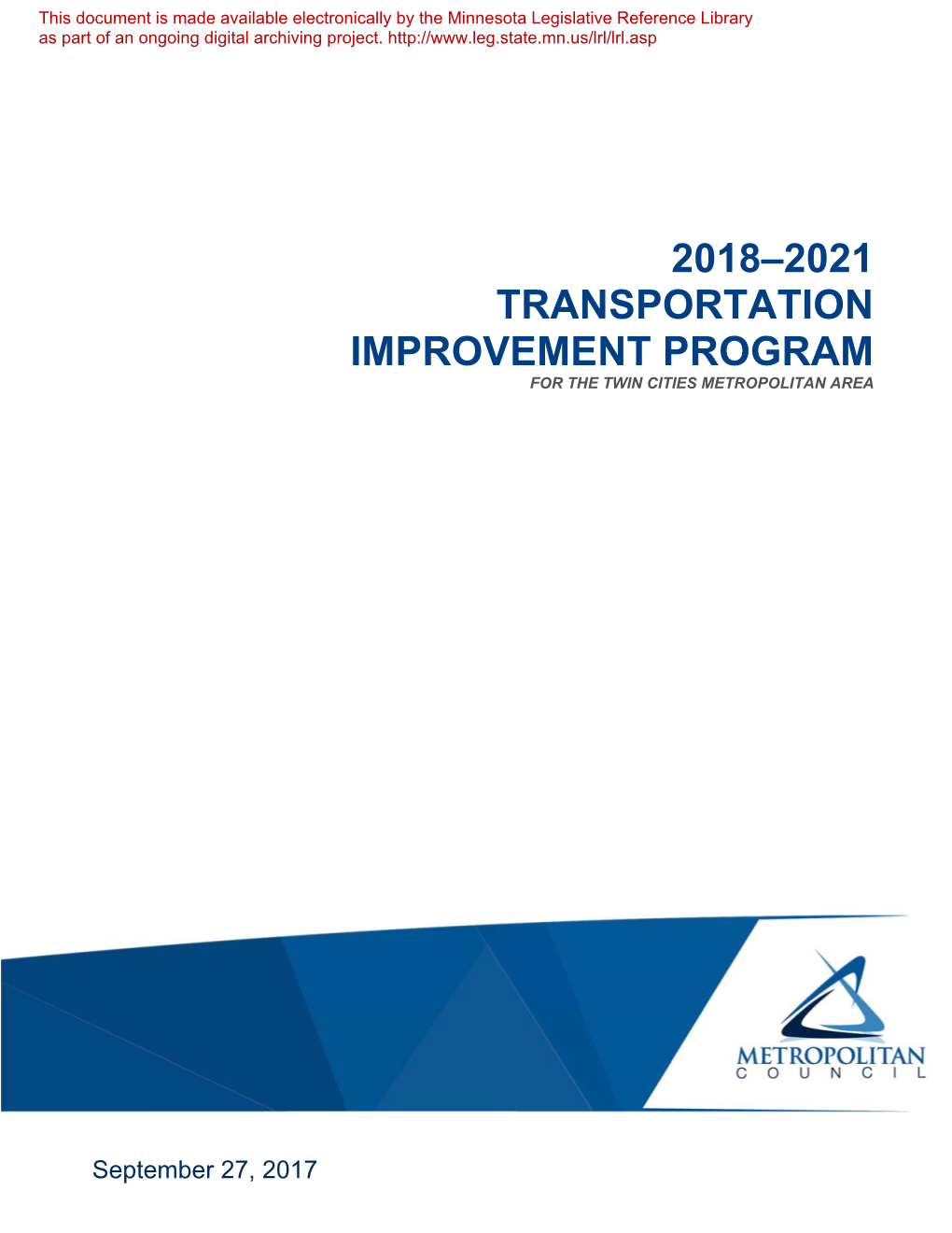 2018–2021 Transportation Improvement Program for the Twin Cities Metropolitan Area