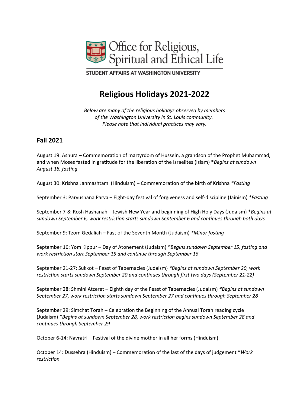 Religious Holidays 2021-2022