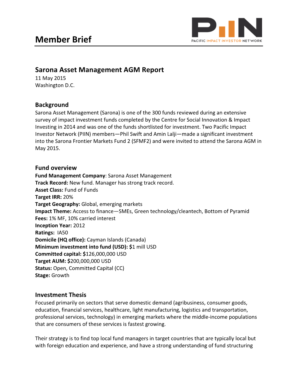 Member Brief Sarona Asset Management AGM