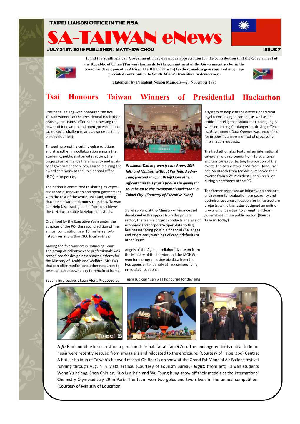 SA-TAIWAN Enews JULY 31ST, 2019 PUBLISHER: MATTHEW CHOU ISSUE 7