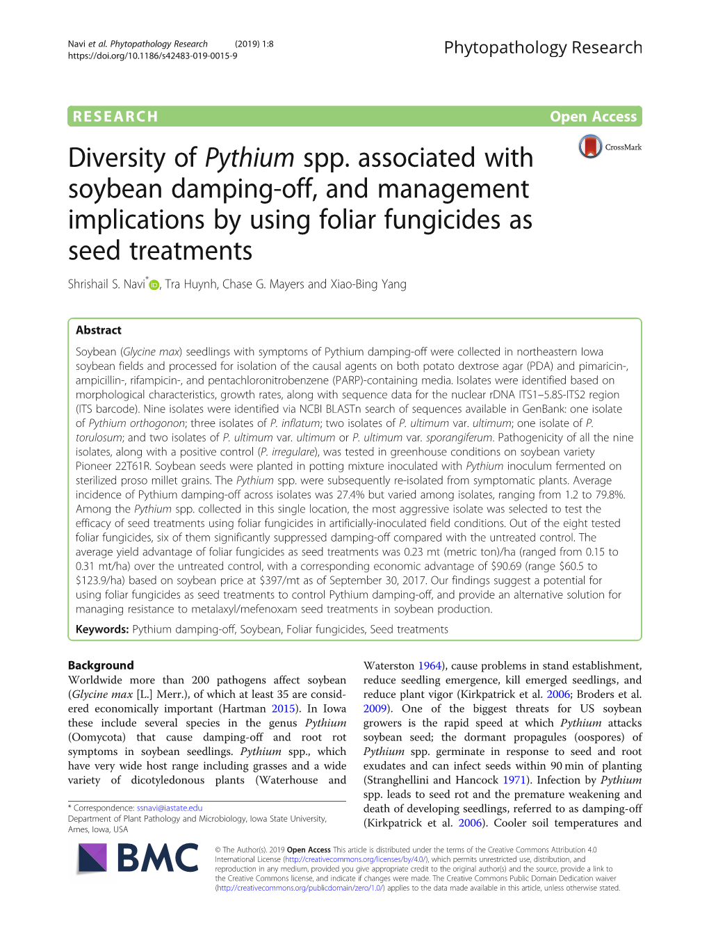 Diversity of Pythium Spp. Associated with Soybean Damping-Off, and Management Implications by Using Foliar Fungicides As Seed Treatments Shrishail S