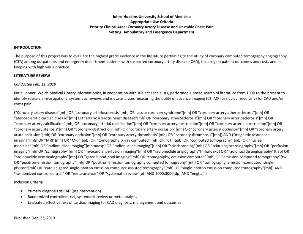 Coronary Artery Disease and Unstable Chest Pain Setting: Ambulatory and Emergency Department