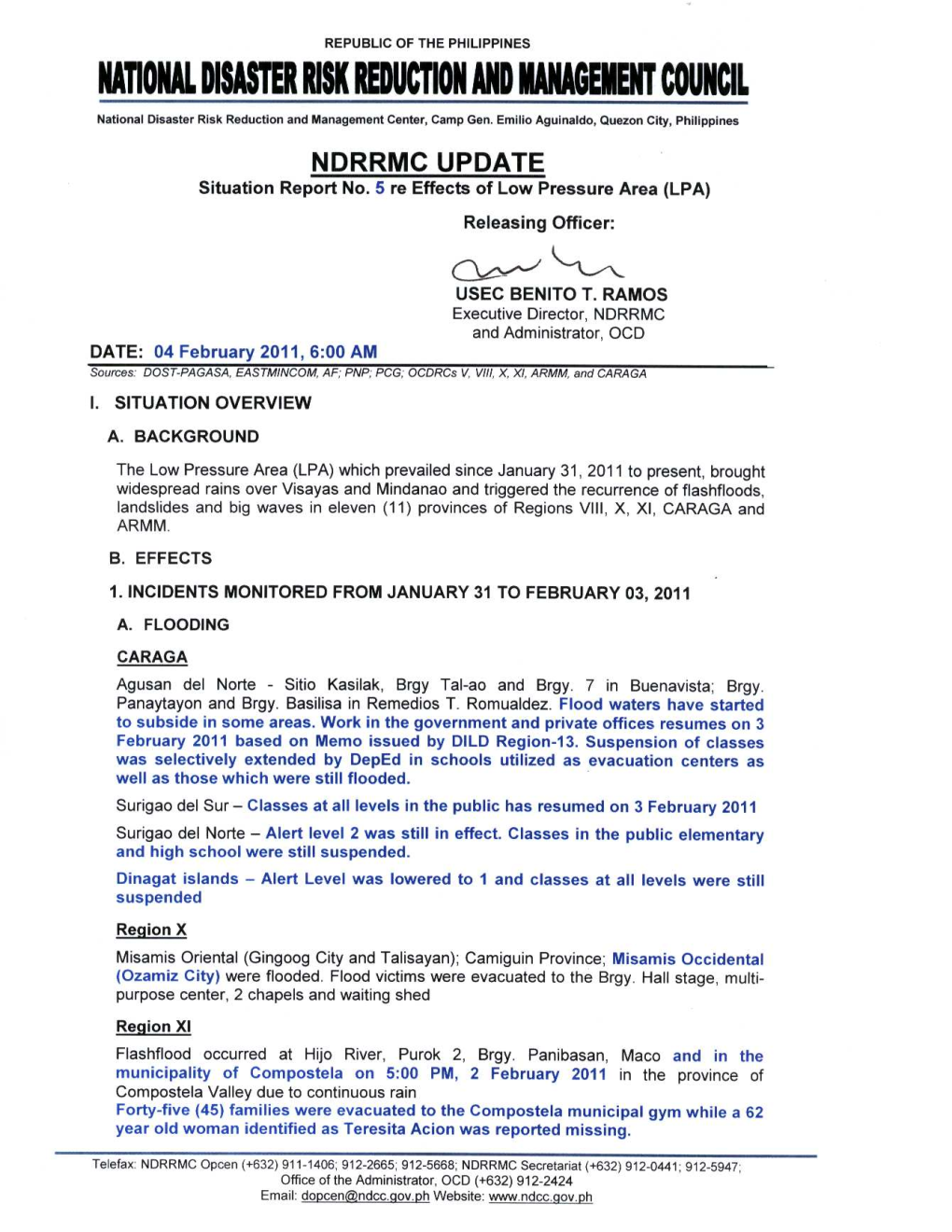 NDRRMC Update Sitrep No. 5 LPA 04 February 2011