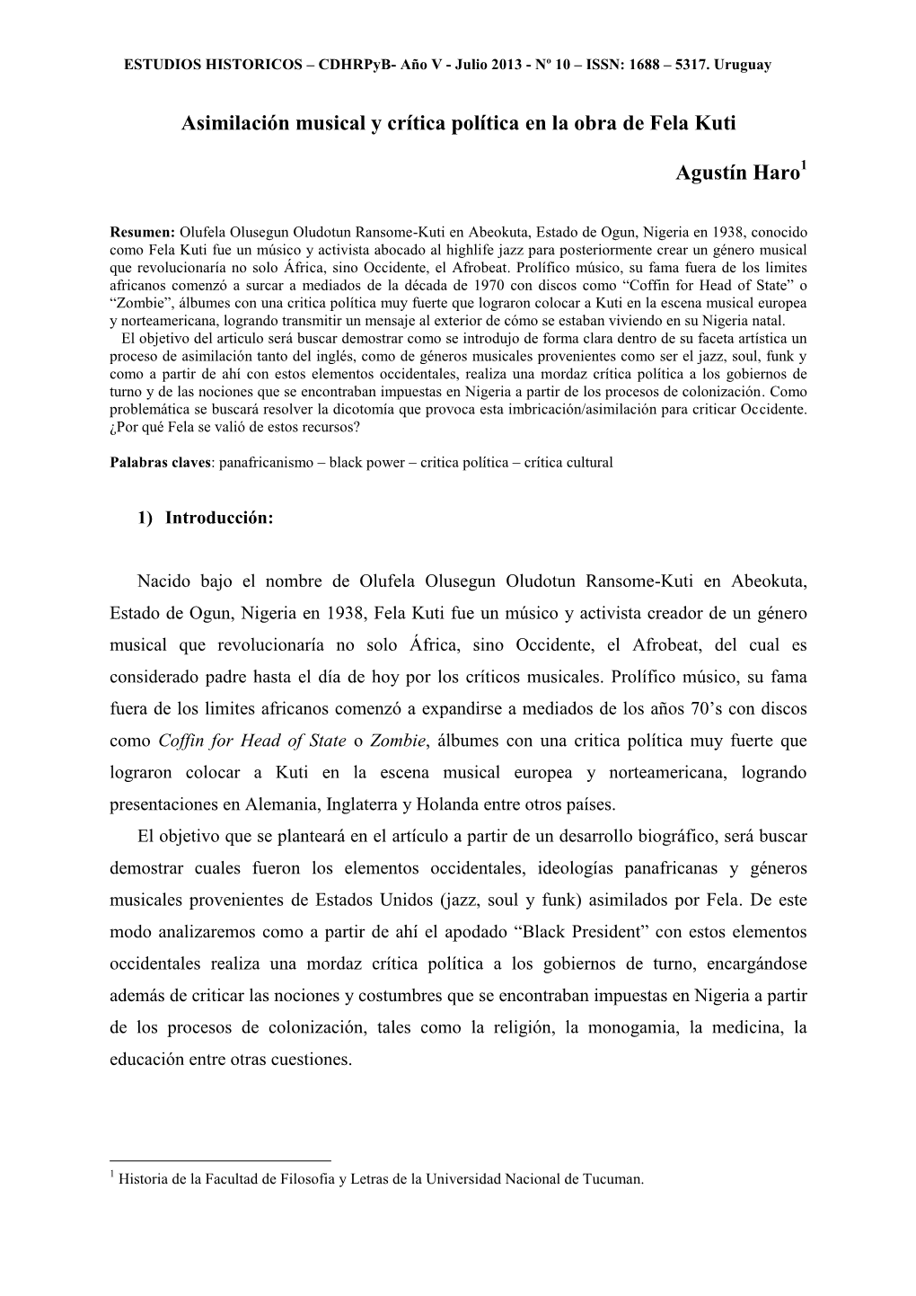 Asimilación Musical Y Crítica Política En La Obra De Fela Kuti Agustín Haro