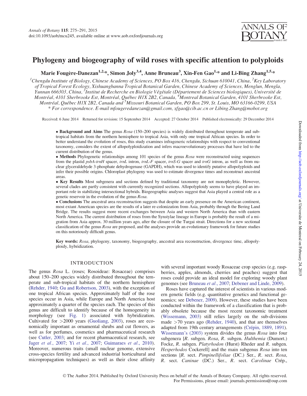 Phylogeny and Biogeography of Wild Roses with Specific Attention to Polyploids