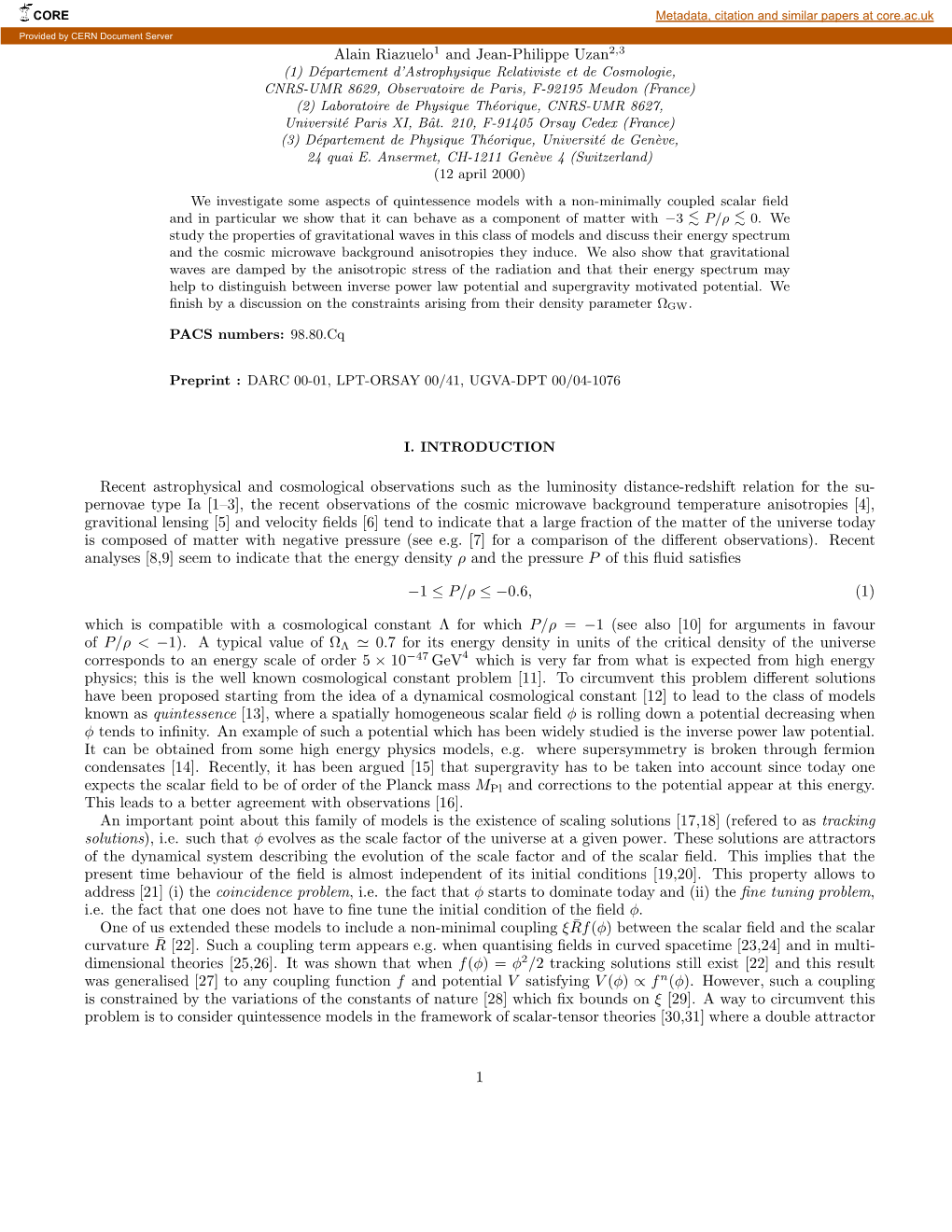 Quintessence and Gravitational Wavesmetadata, Citation and Similar Papers at Core.Ac.Uk