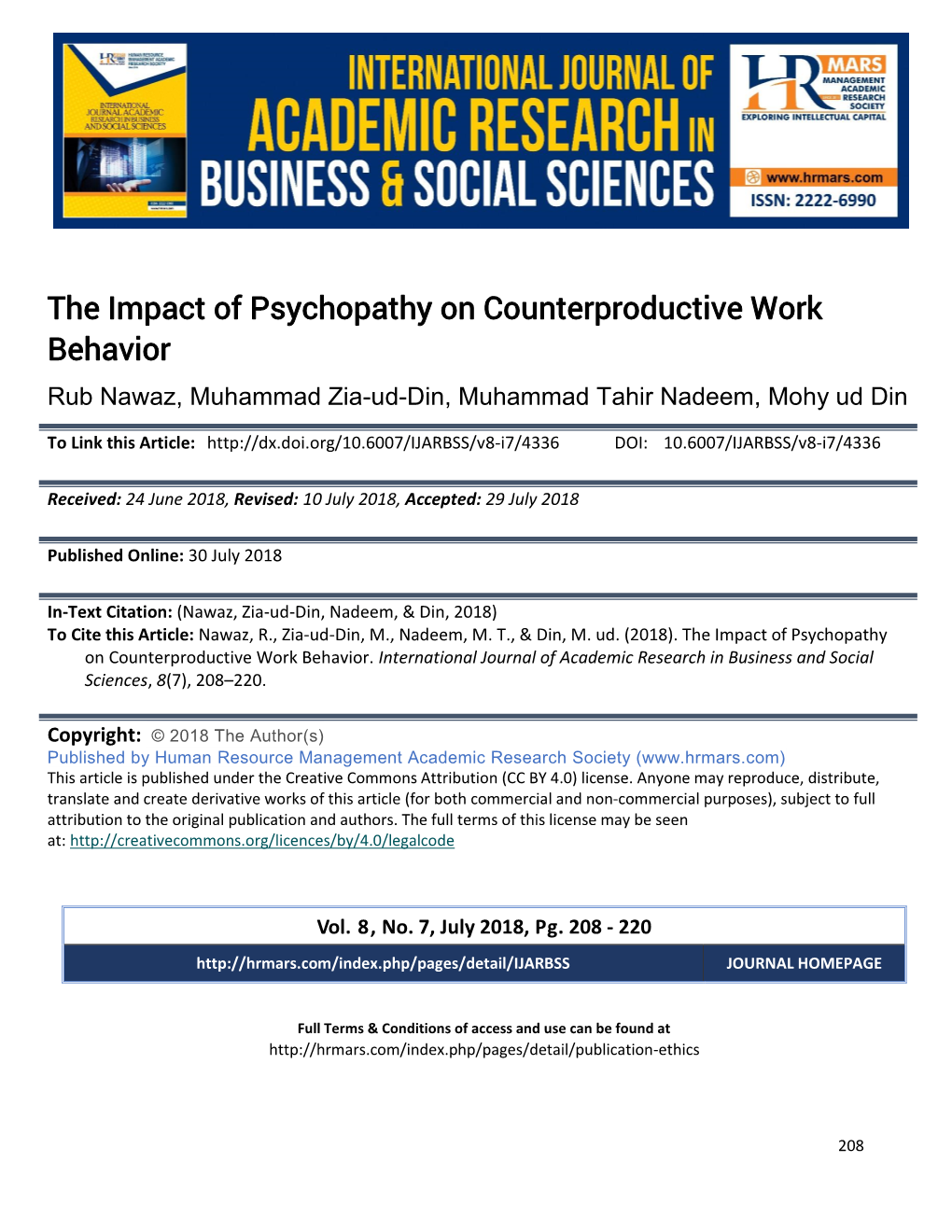 The Impact of Psychopathy on Counterproductive Work Behavior