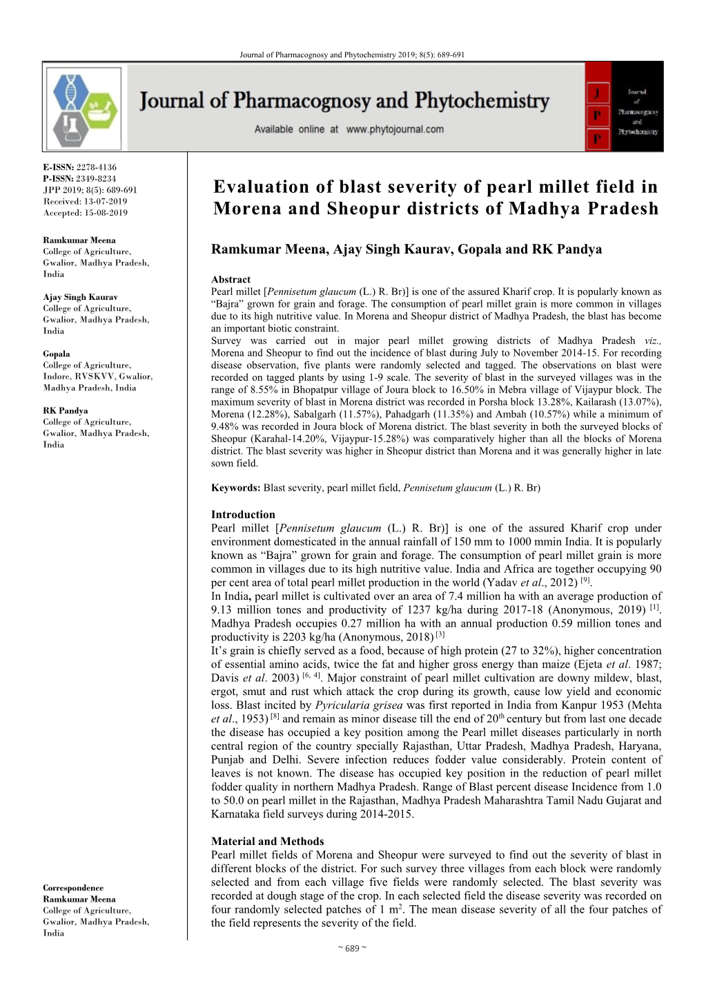 Evaluation of Blast Severity of Pearl Millet Field in Morena and Sheopur