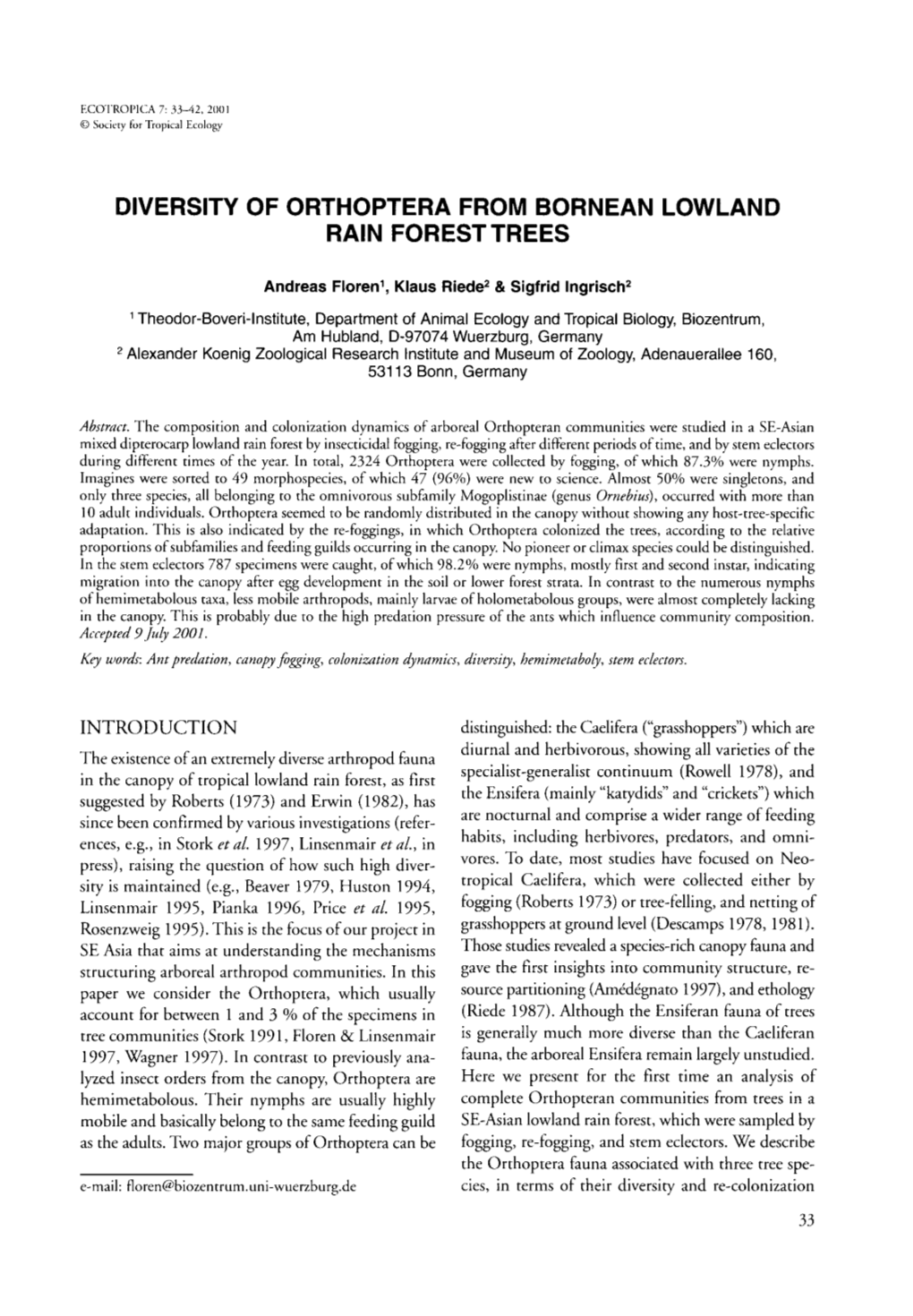 Diversity of Orthoptera from Bornean Lowland Rain