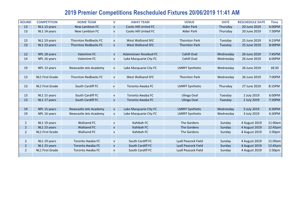 2019 Premier Competitions Rescheduled Fixtures 20/06/2019 11:41 AM