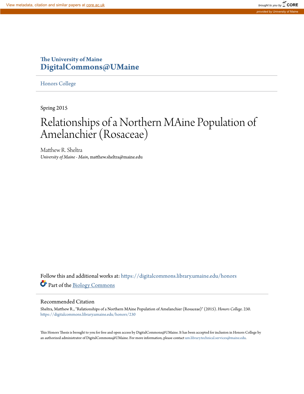 Relationships of a Northern Maine Population of Amelanchier (Rosaceae) Matthew R