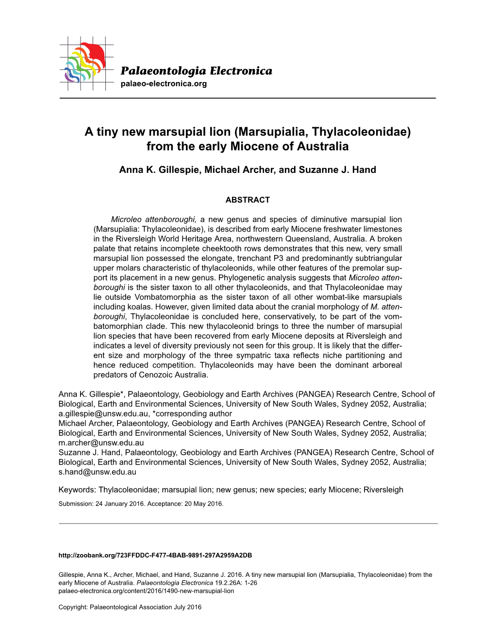 A Tiny New Marsupial Lion (Marsupialia, Thylacoleonidae) from the Early Miocene of Australia