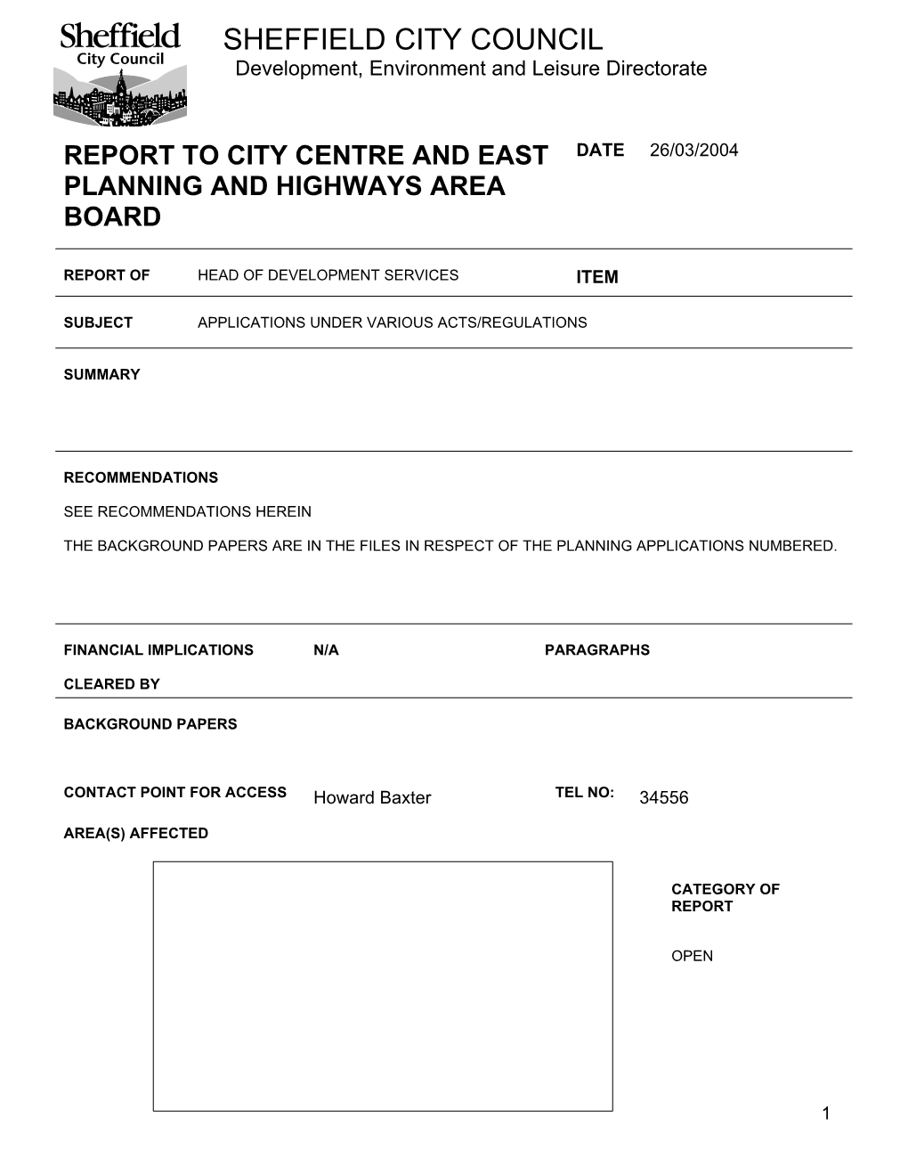 Report to City Centre and East Planning and Highways Area Board