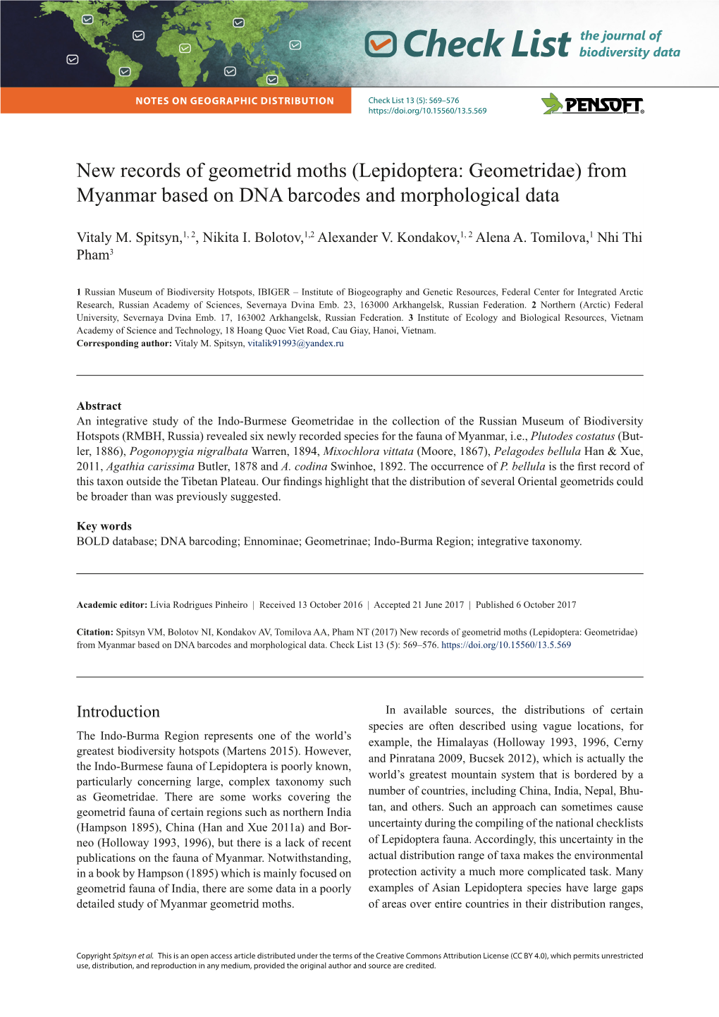 Lepidoptera: Geometridae) from Myanmar Based on DNA Barcodes and Morphological Data