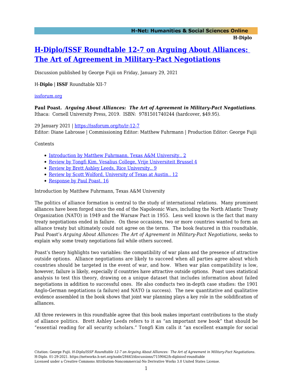 H-Diplo/ISSF Roundtable 12-7 on Arguing About Alliances: the Art of Agreement in Military-Pact Negotiations