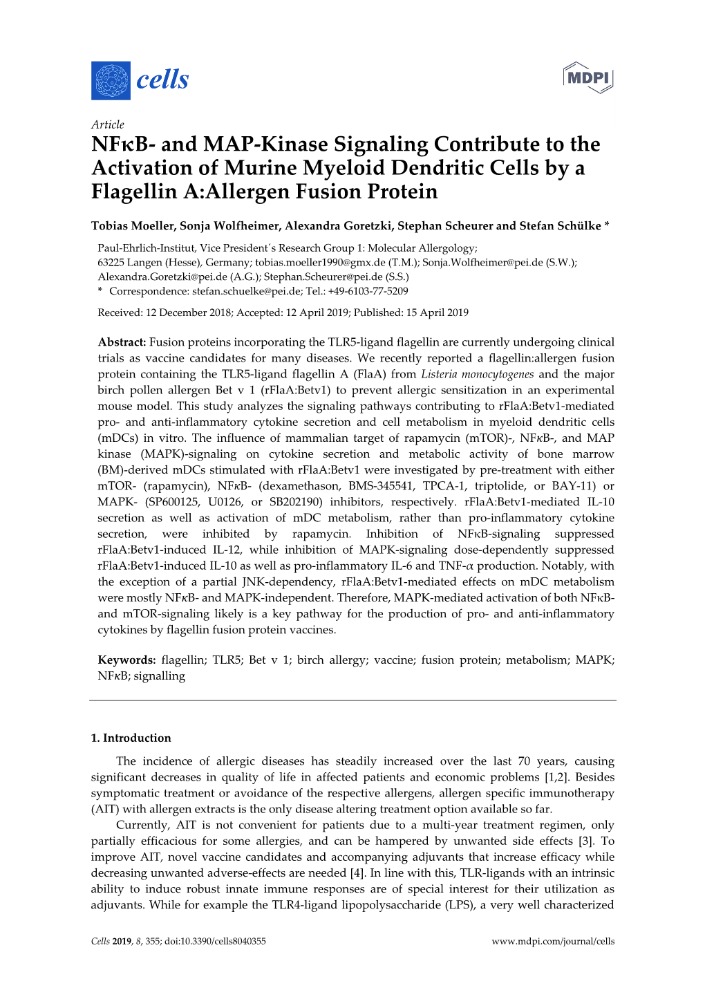 Nfκb- and MAP-Kinase Signaling Contribute to the Activation of Murine Myeloid Dendritic Cells by a Flagellin A:Allergen Fusion Protein