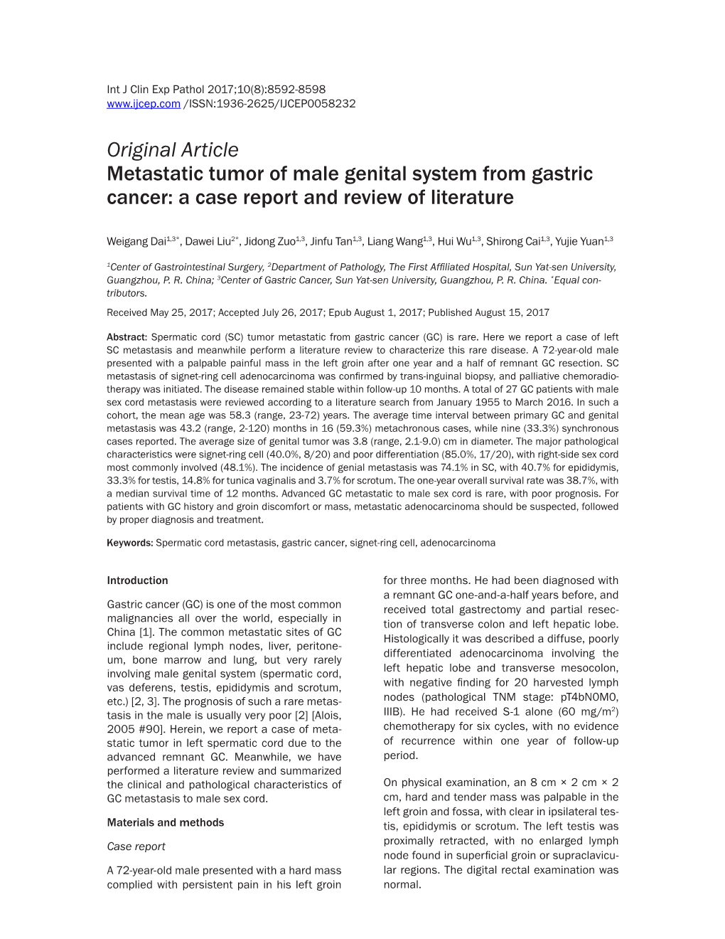 Original Article Metastatic Tumor of Male Genital System from Gastric Cancer: a Case Report and Review of Literature