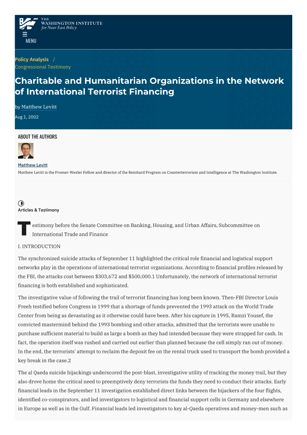 Charitable and Humanitarian Organizations in the Network of International Terrorist Financing | the Washington Institute