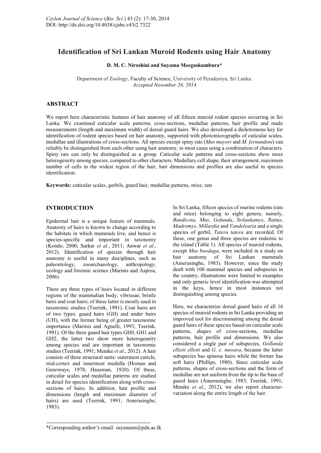 Identification of Sri Lankan Muroid Rodents Using Hair Anatomy