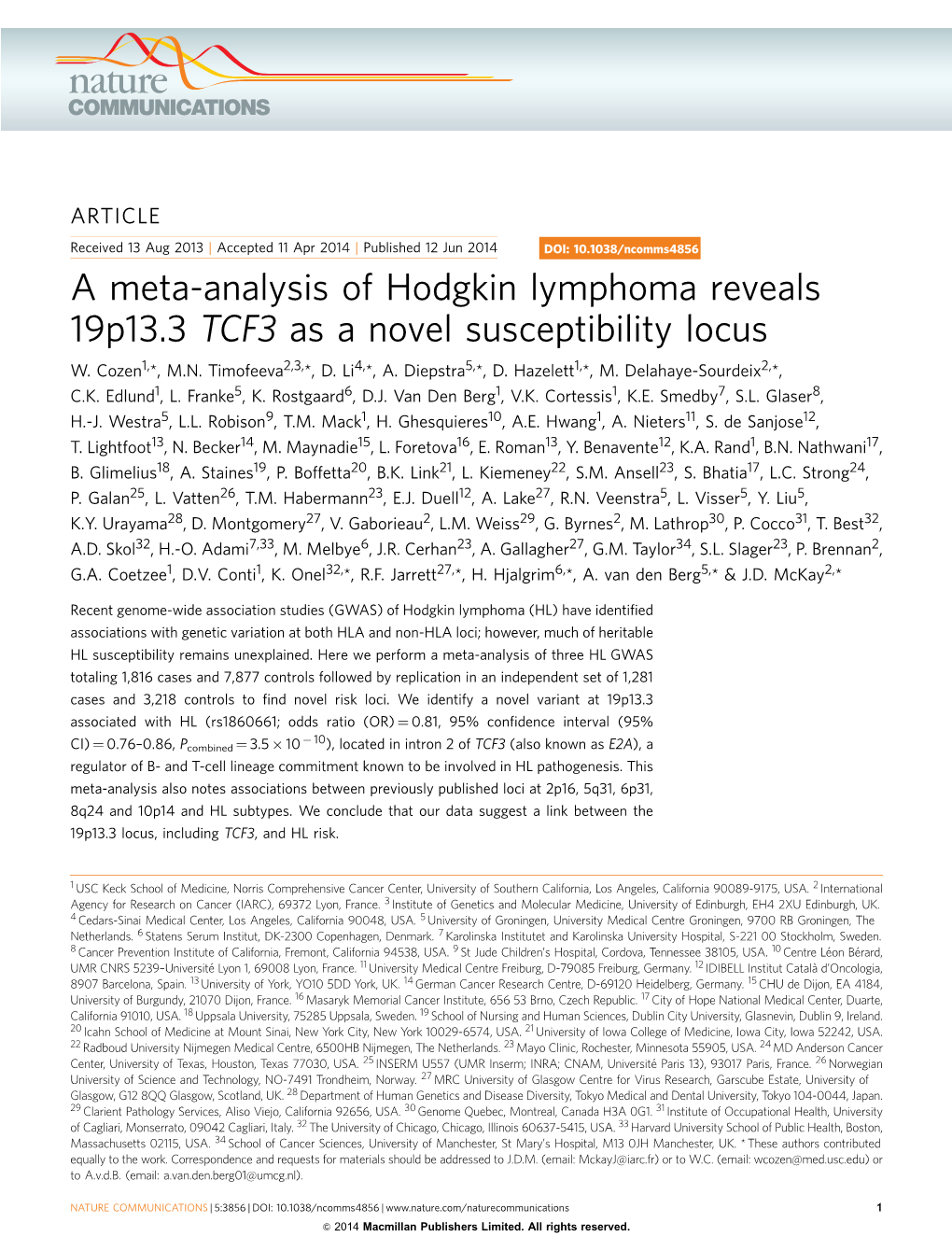 A Meta-Analysis of Hodgkin Lymphoma Reveals 19P13.3 TCF3 As a Novel Susceptibility Locus W