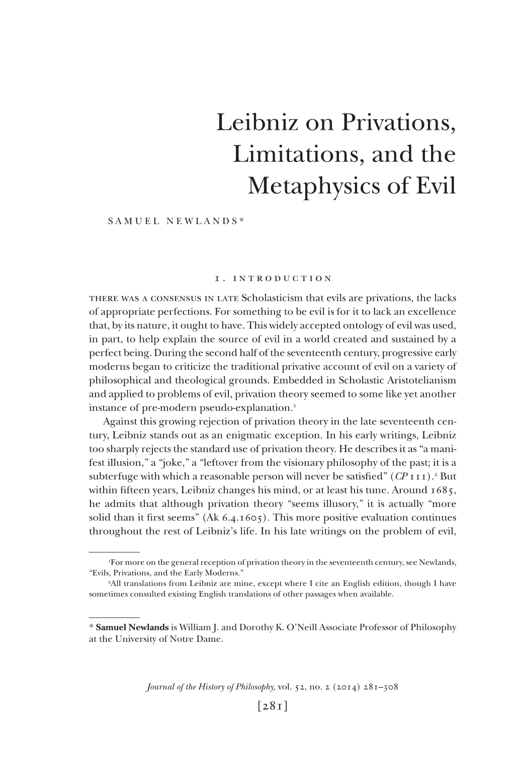 Leibniz on Privations, Limitations, and the Metaphysics of Evil