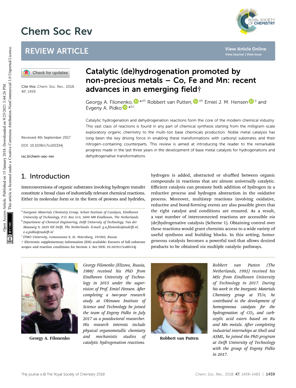 Catalytic (De)Hydrogenation Promoted by Non-Precious Metals –