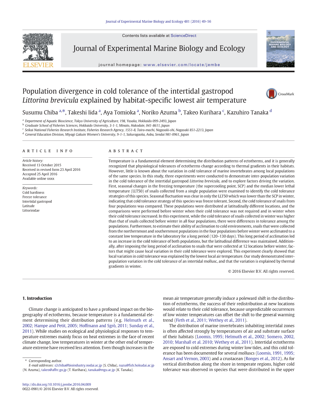 Population Divergence in Cold Tolerance of the Intertidal Gastropod Littorina Brevicula Explained by Habitat-Speciﬁc Lowest Air Temperature