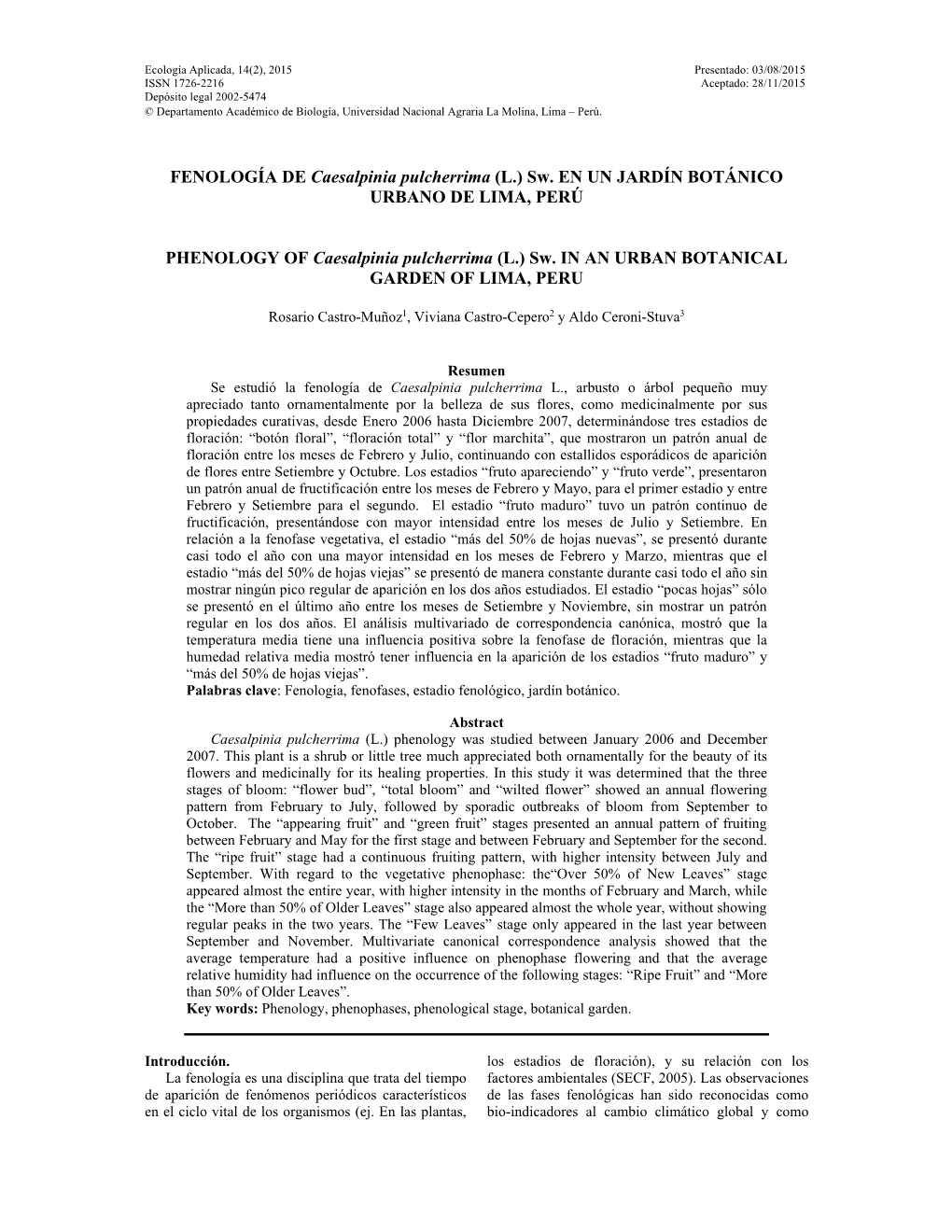 FENOLOGÍA DE Caesalpinia Pulcherrima (L.) Sw