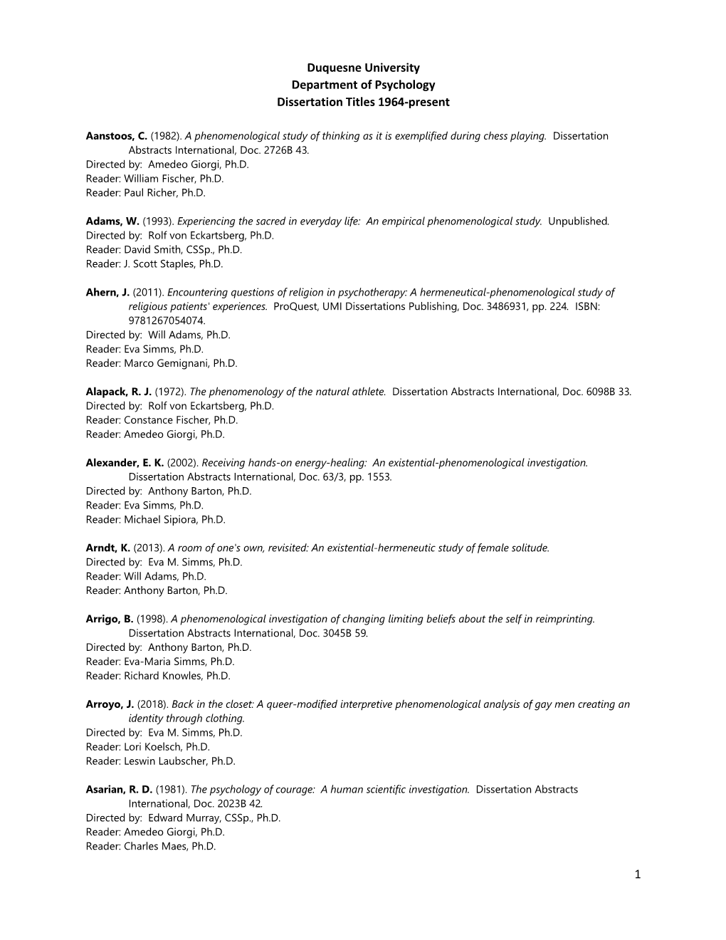 1 Duquesne University Department of Psychology Dissertation Titles 1964