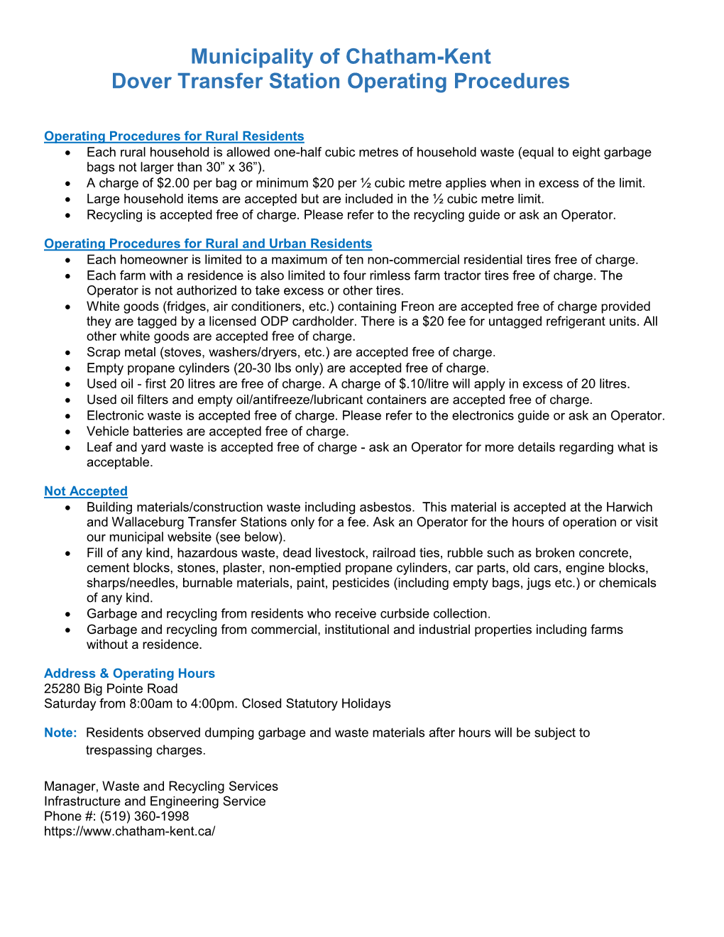 Municipality of Chatham-Kent Dover Transfer Station Operating Procedures