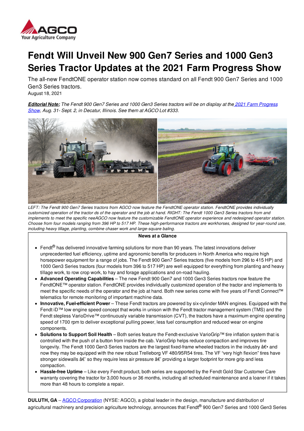 Fendt Will Unveil New 900 Gen7 Series and 1000 Gen3 Series Tractor Updates at the 2021 Farm Progress Show