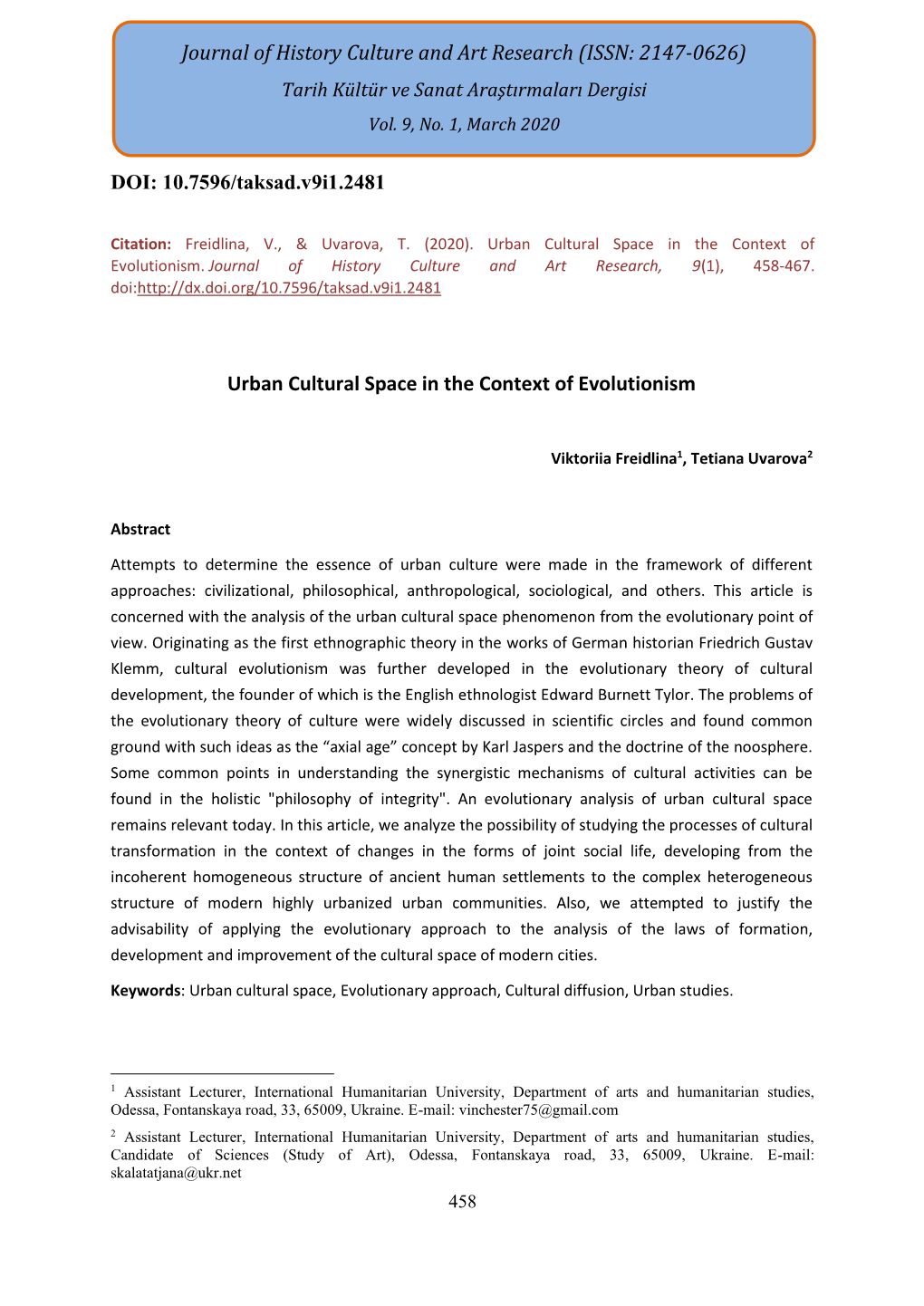 Urban Cultural Space in the Context of Evolutionism