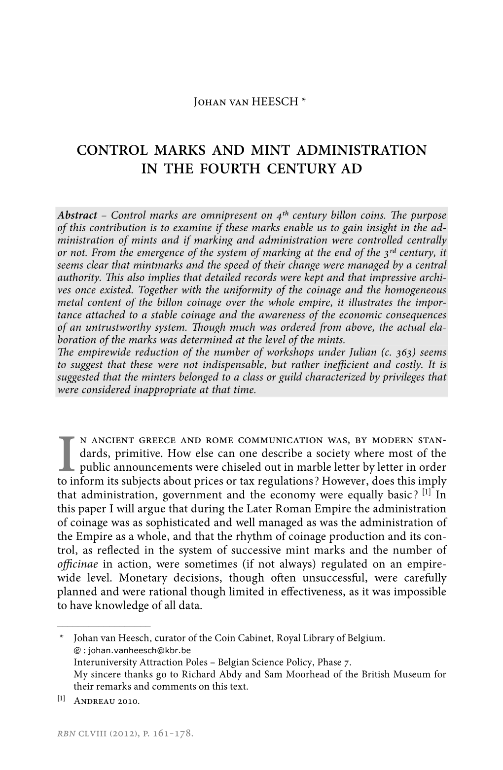 Control Marks and Mint Administration in the Fourth Century Ad