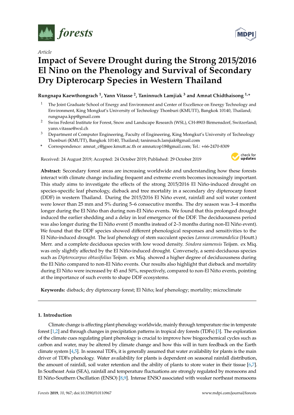 Impact of Severe Drought During the Strong 2015/2016 El Nino on the Phenology and Survival of Secondary Dry Dipterocarp Species in Western Thailand