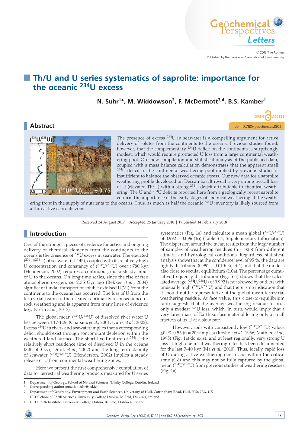 Th/U and U Series Systematics of Saprolite: Importance for the Oceanic 234U Excess