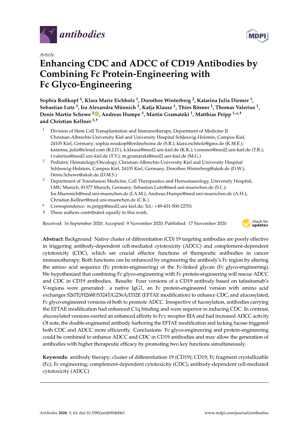 Enhancing CDC and ADCC of CD19 Antibodies by Combining Fc Protein-Engineering with Fc Glyco-Engineering