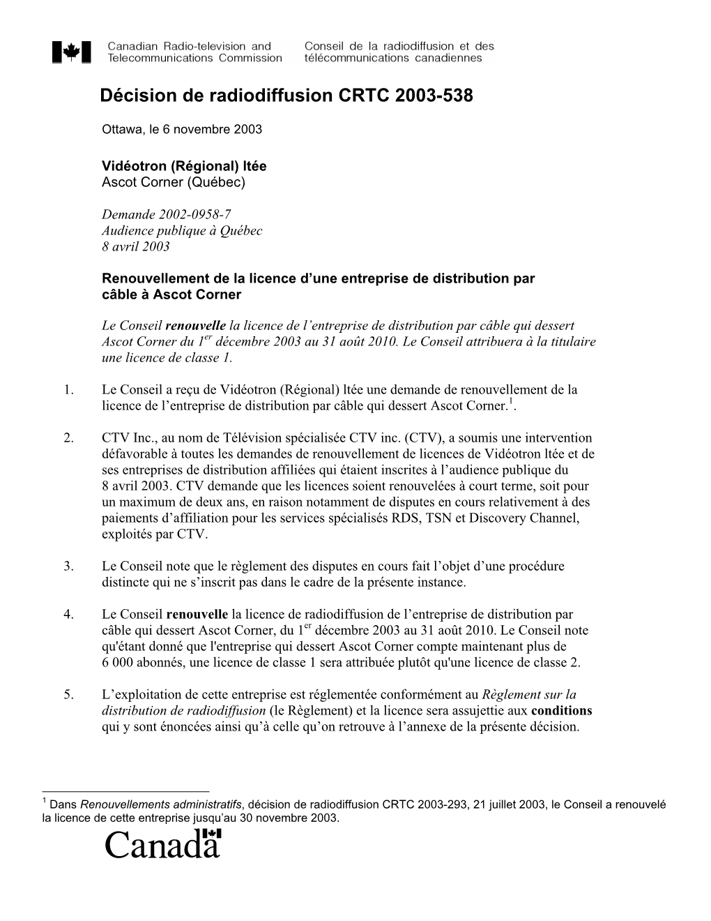 Décision De Radiodiffusion CRTC 2003-538